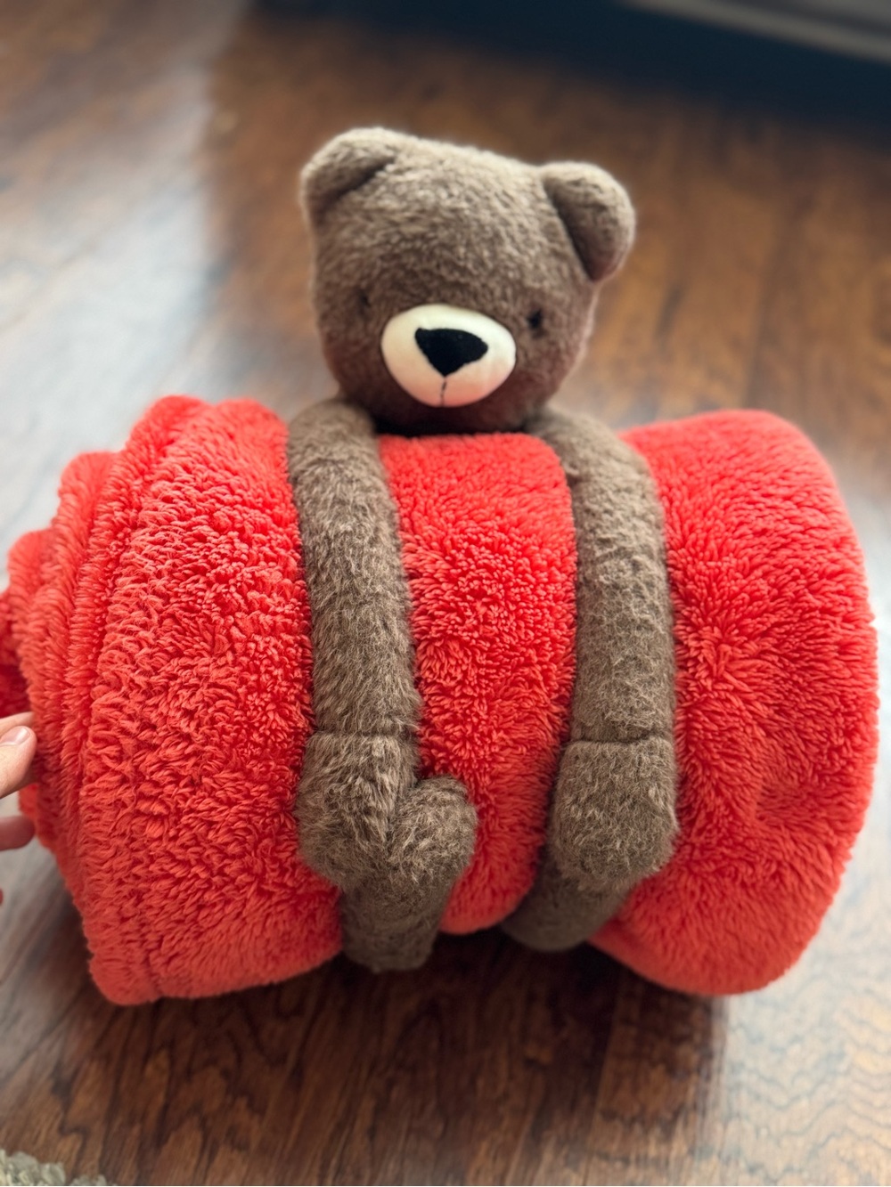 Pillowfort red throw with a soft toy. Perfect for traveling. Cute soft blanket.